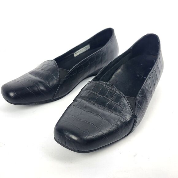 Vionic Shoes - Vionic Dolores Black Leather Crocodile Slip On Wedge Loafers 8